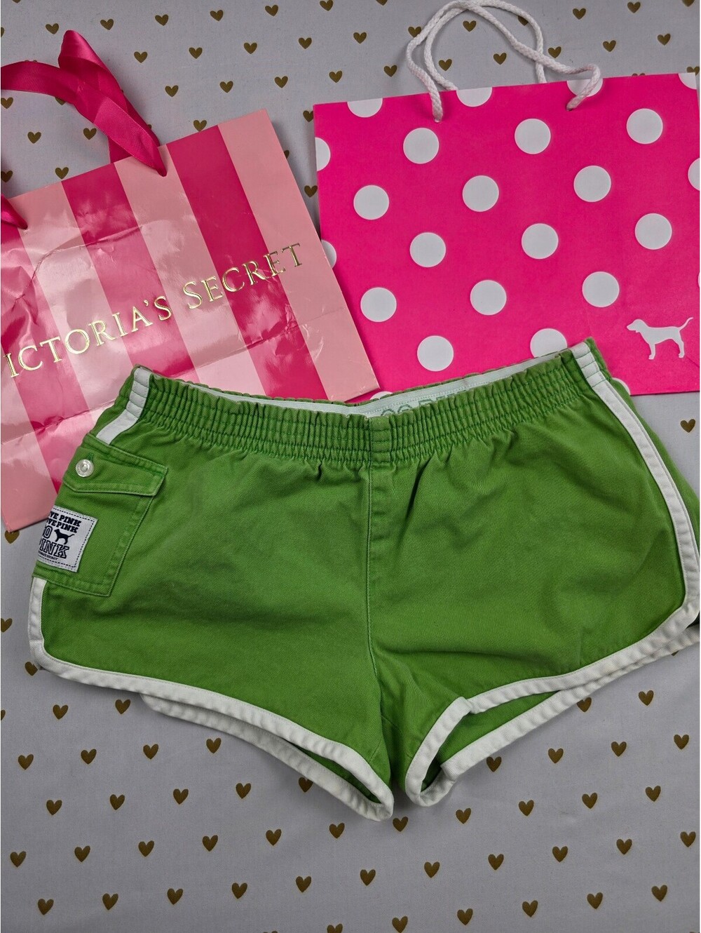 Vintage 2007 VS PINK Green Foldover Dolphin Shorts XS Go Pink Y2K Cargo